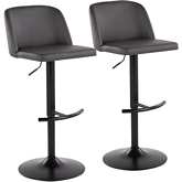 Toriano Adjustable Bar Stool in Grey Leatherette, Black Steel & T Footrest (Set of 2)